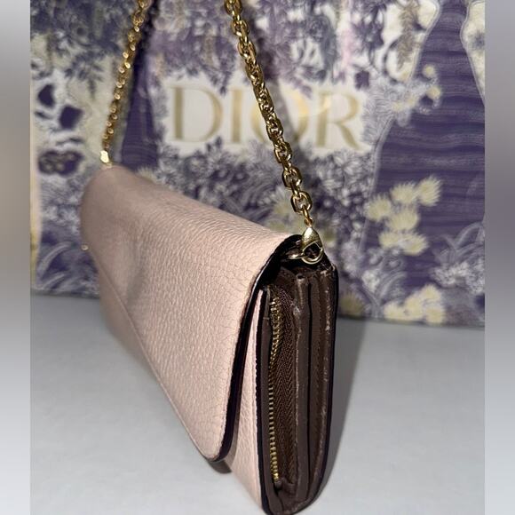Authentic CHRISTIAN DIOR Tan Leather Wallet on Chain with DIOR Gold Tone Charm - Picture 5 of 8